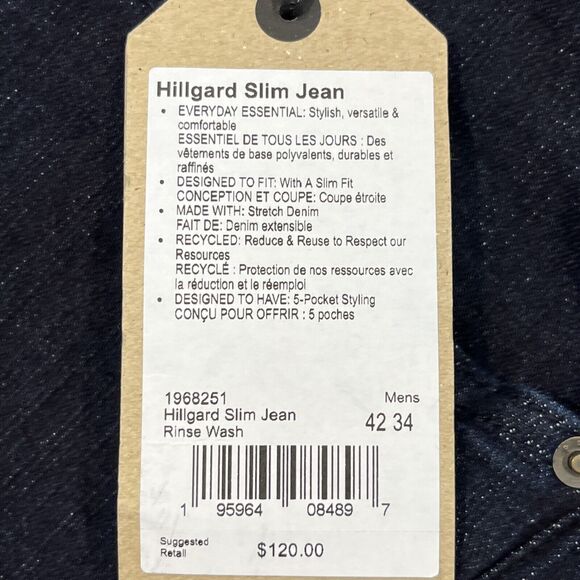 Prana Hillgard NEW Jeans Mens 42x34 Blue Dark Rinse Tapered Leg Slim Fit Organic - Picture 3 of 13